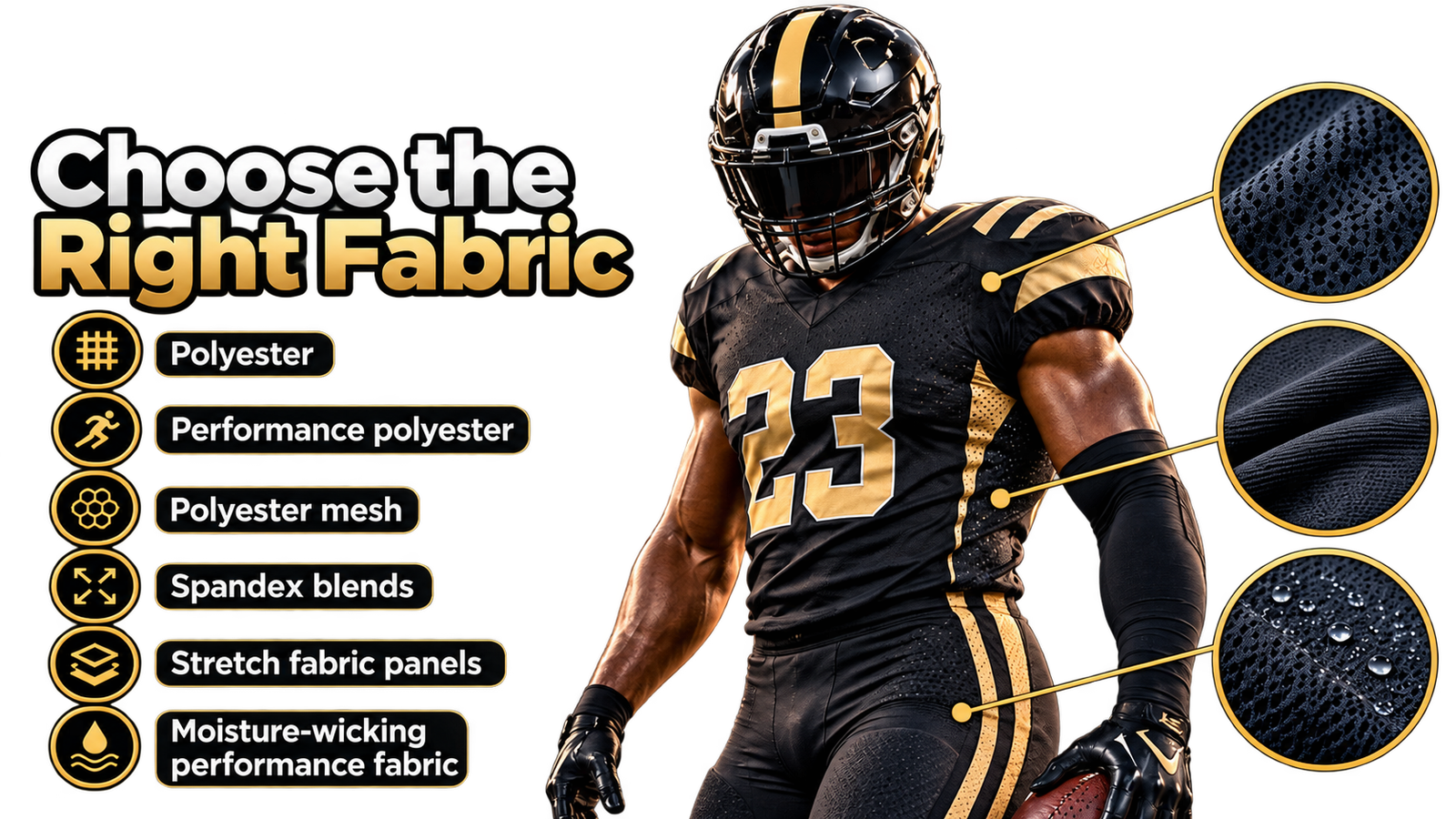 Football uniform fabric selection banner with polyester, mesh, spandex, and moisture-wicking materials