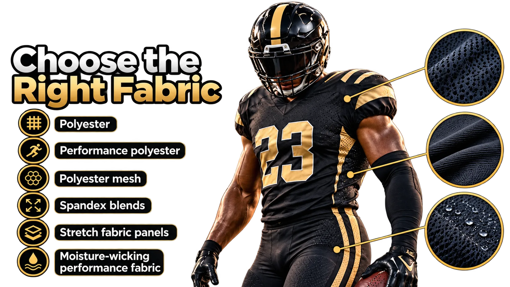 Football uniform fabric selection banner with polyester, mesh, spandex, and moisture-wicking materials