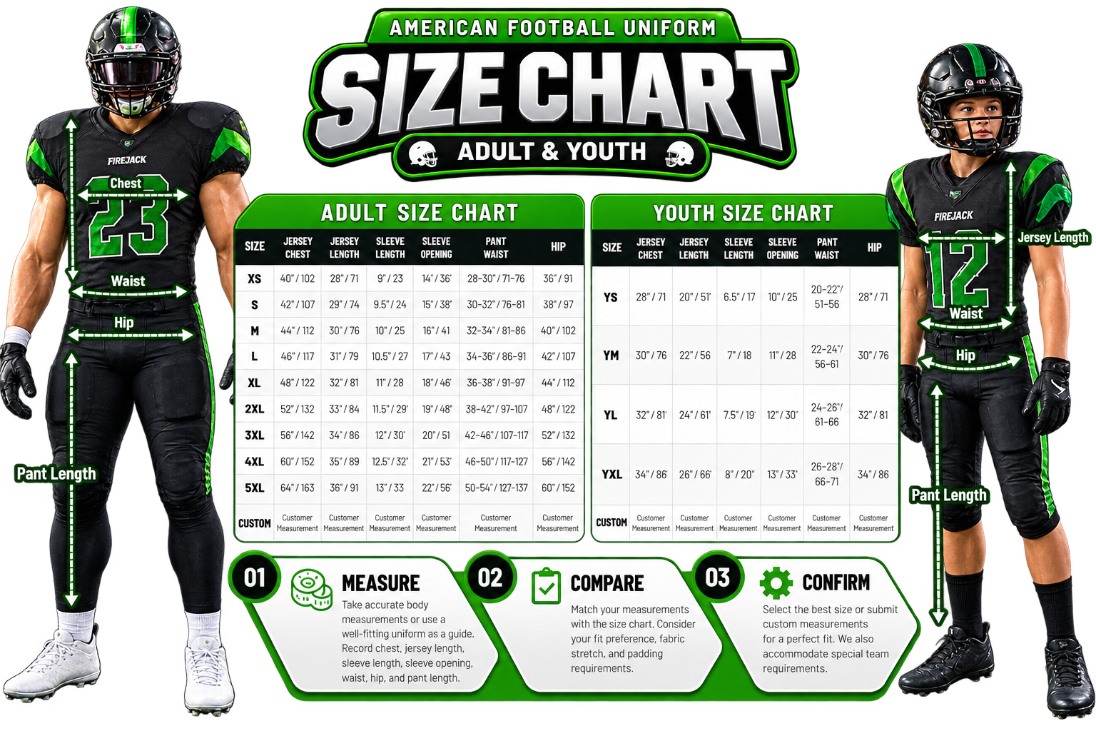 American football uniform size chart for adults and youth with body measurement guide
