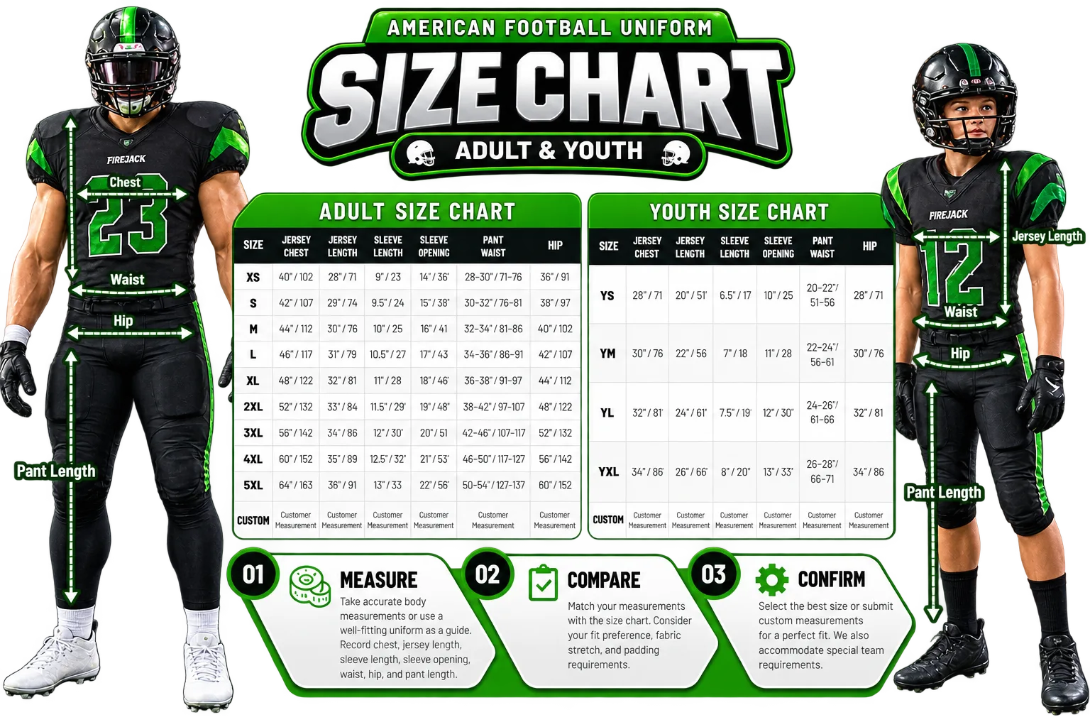 American football uniform size chart for adults and youth with body measurement guide