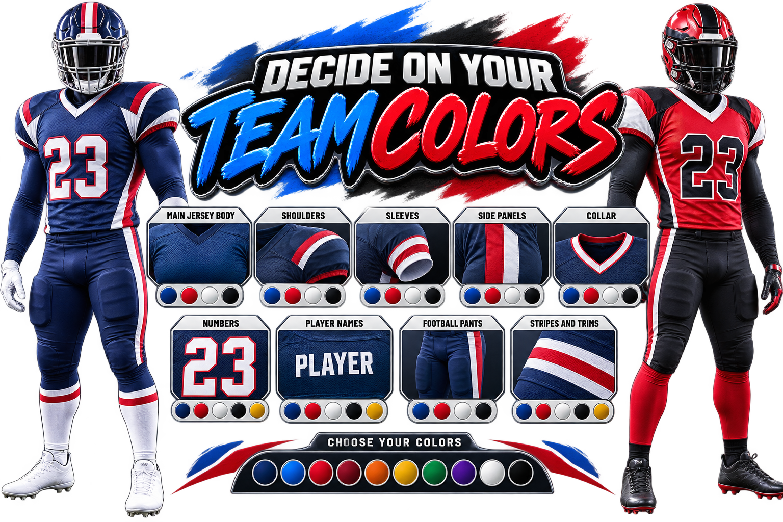 Custom football uniform team colors guide with jersey and pants design options