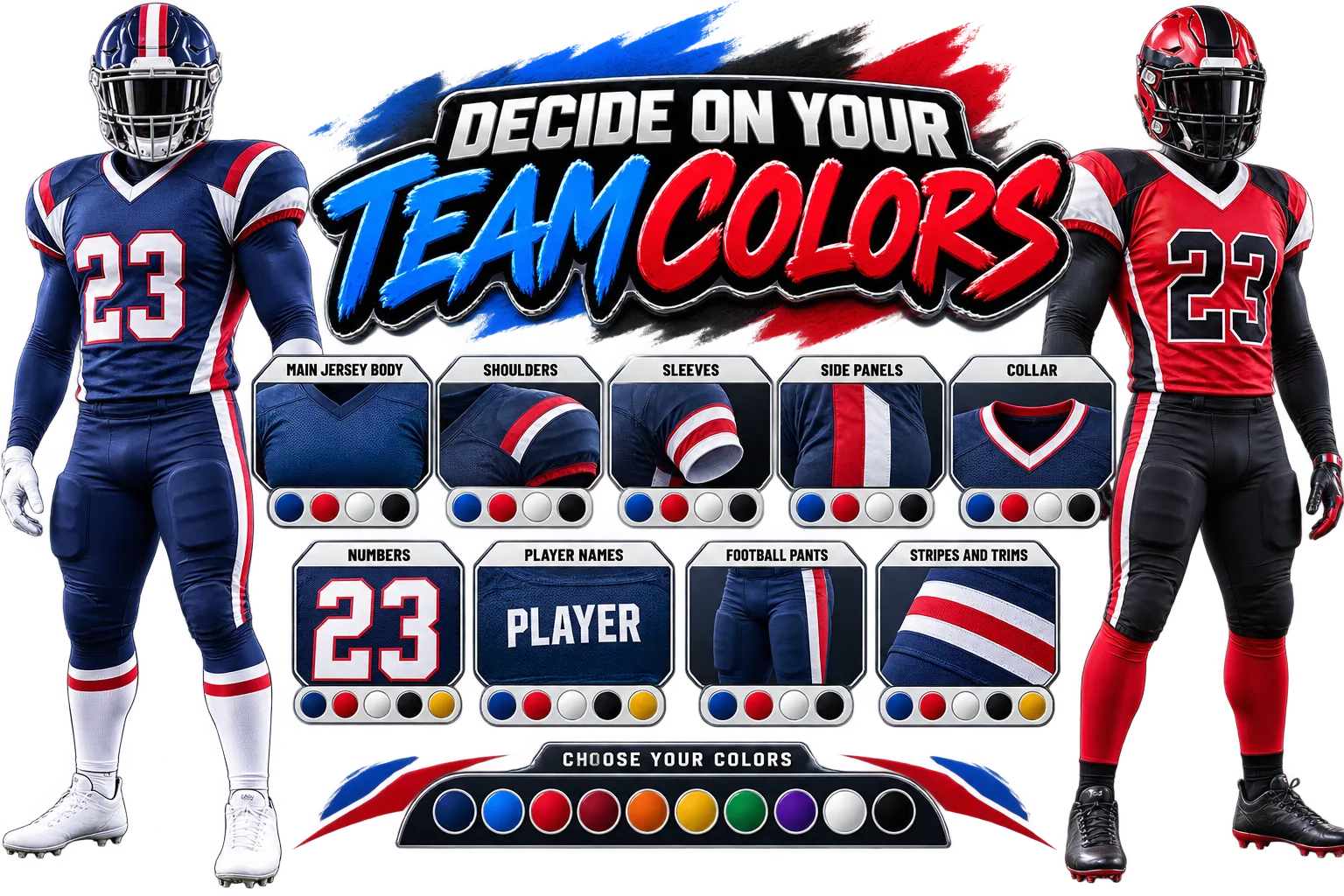 Custom football uniform team colors guide with jersey and pants design options