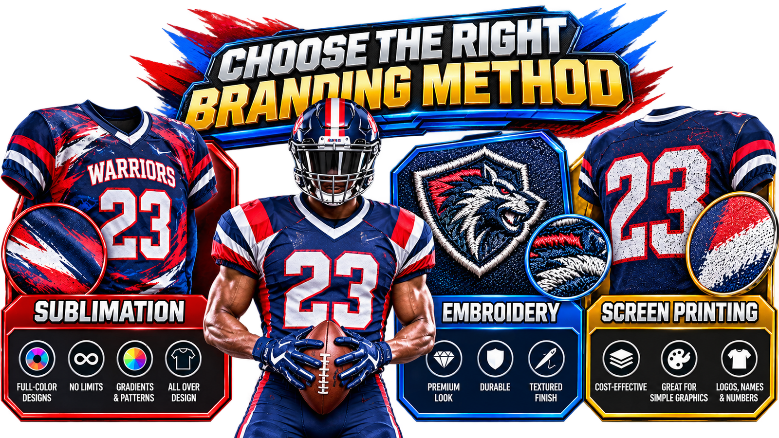 Custom football uniform branding methods including sublimation, embroidery, and screen printing