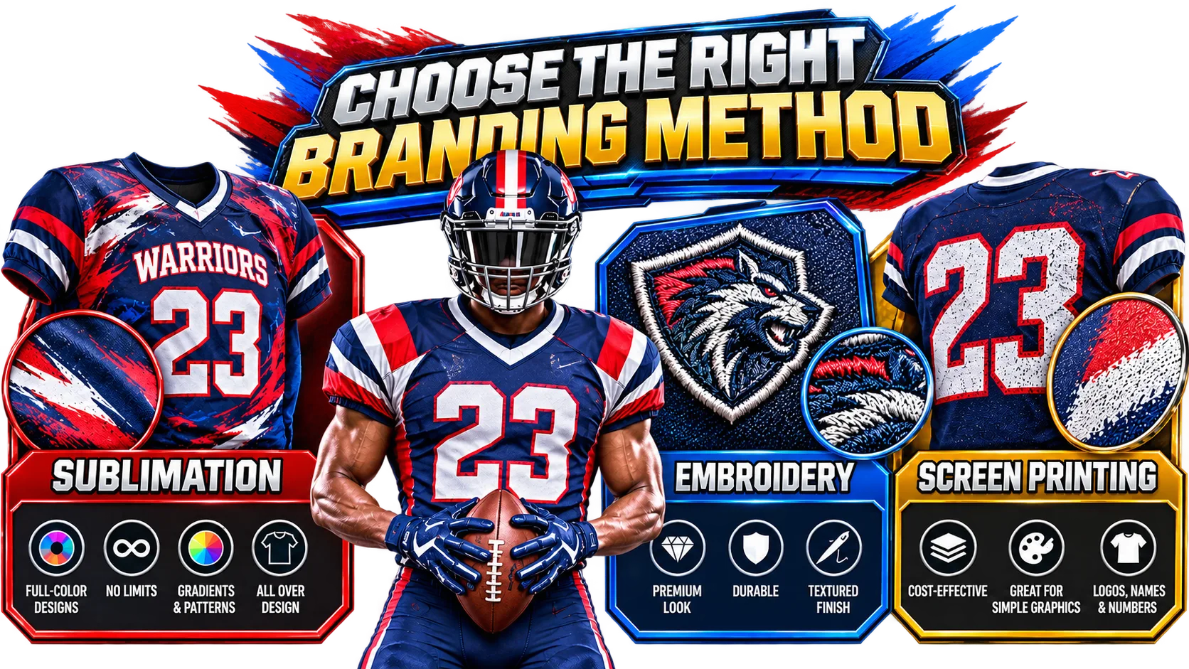 Custom football uniform branding methods including sublimation, embroidery, and screen printing