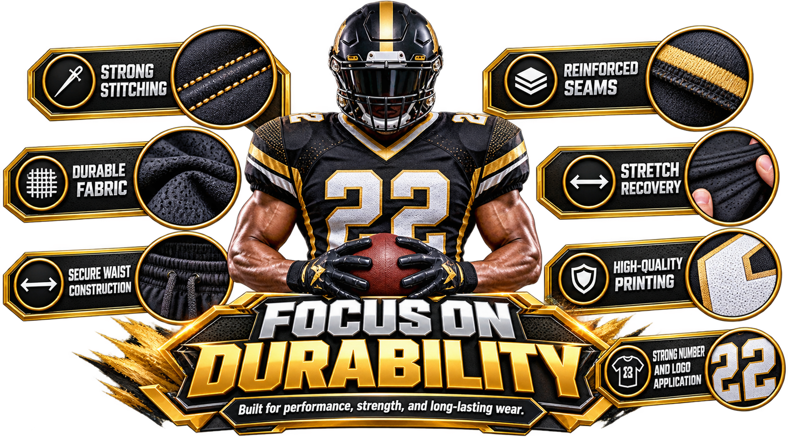 Football uniform durability guide showing strong stitching, stretch recovery, and reinforced seams