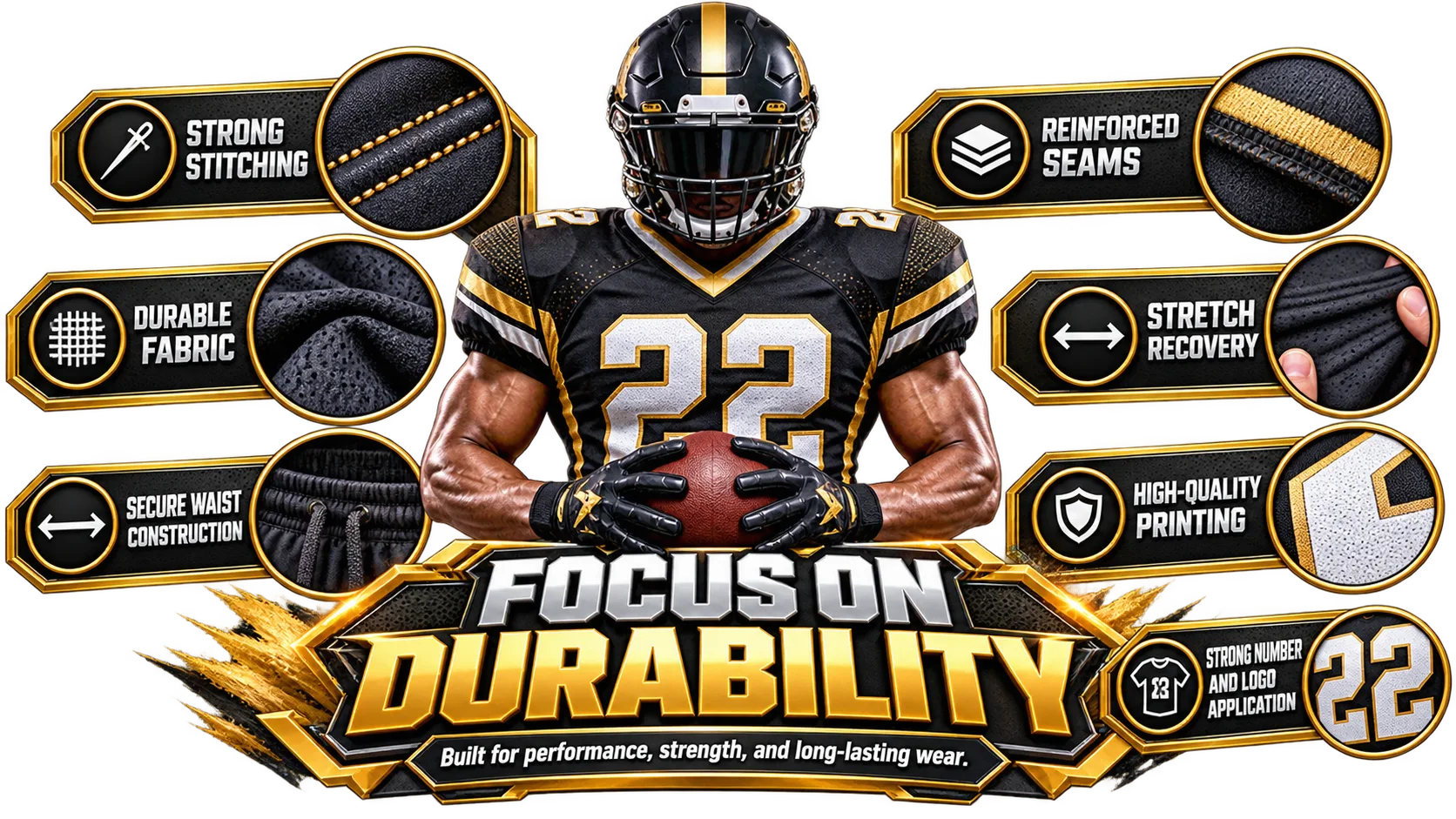 Football uniform durability guide showing strong stitching, stretch recovery, and reinforced seams