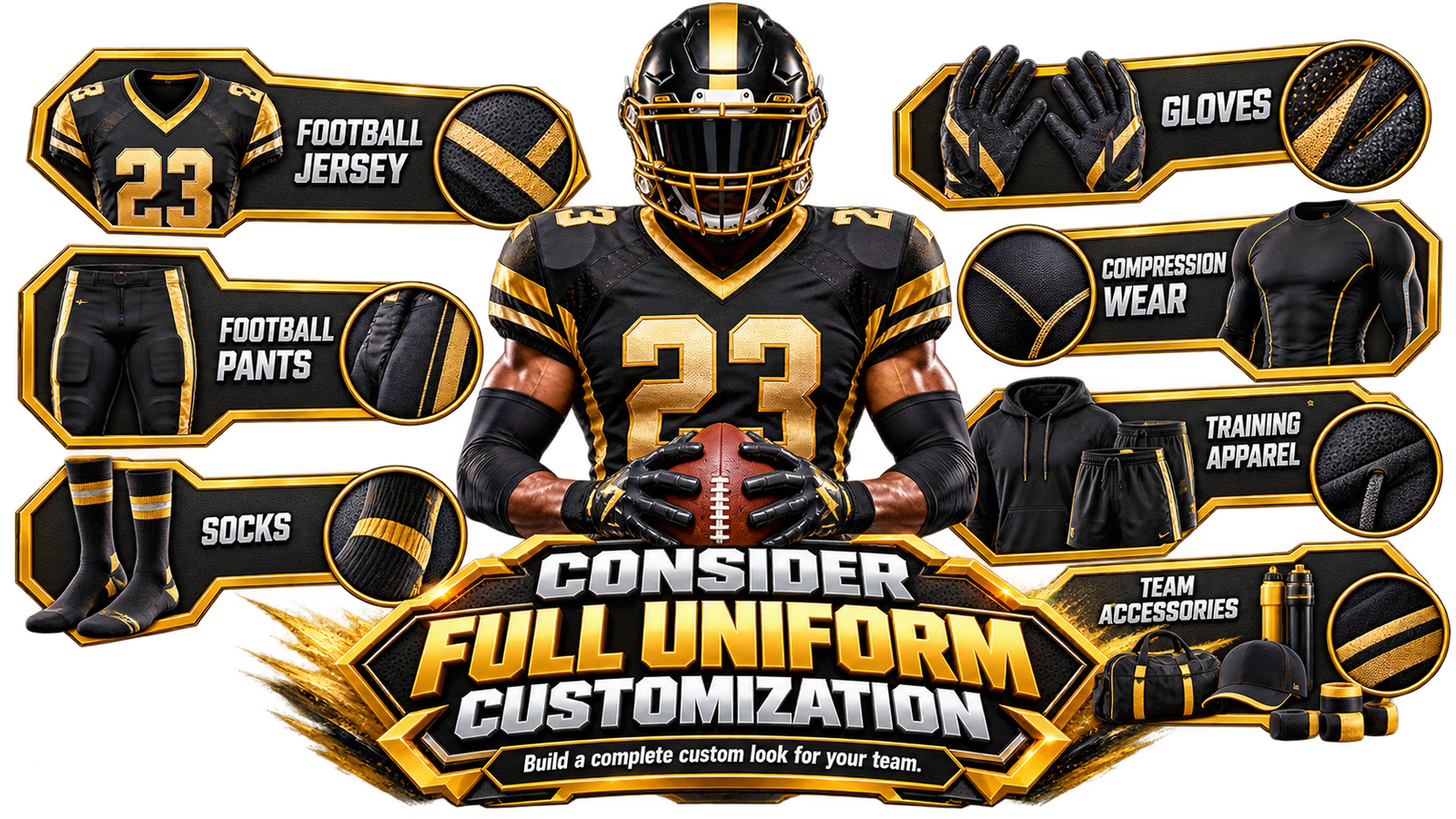 Complete American football uniform customization options for teams