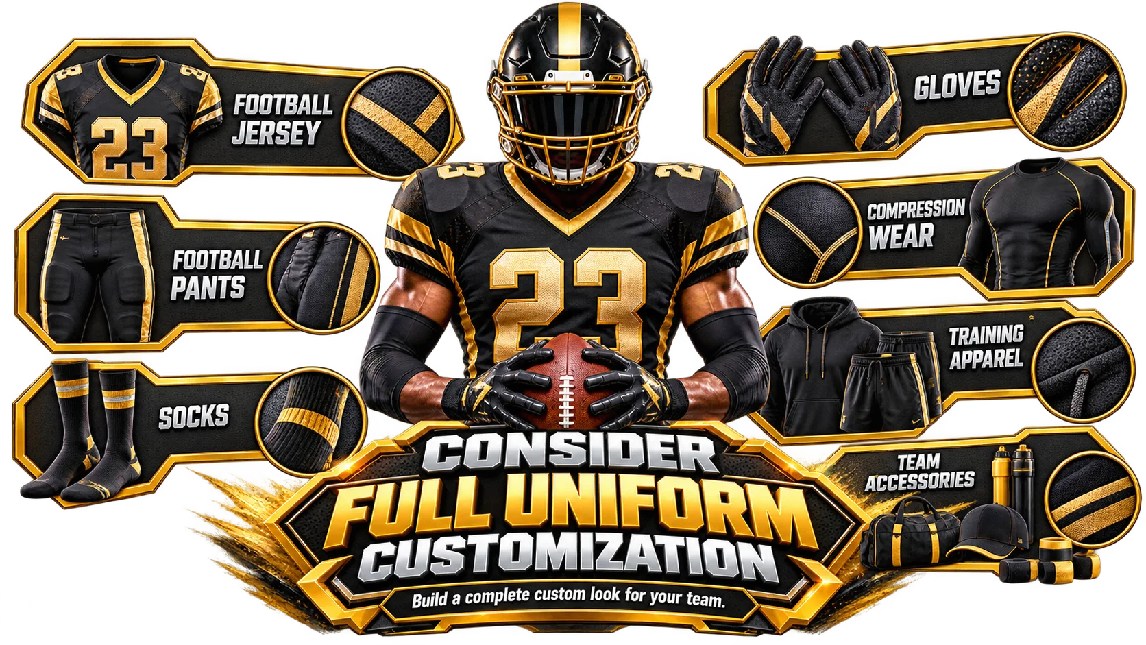 Complete American football uniform customization options for teams