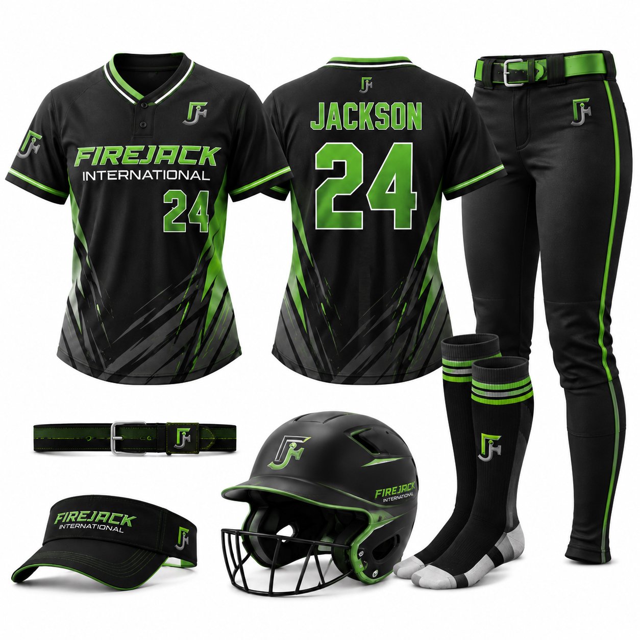 Custom Softball Uniform | Black Green Henley Set