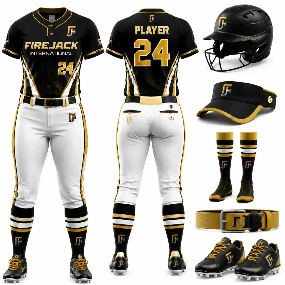 Customizable Softball Uniforms | Black Gold Henley Set