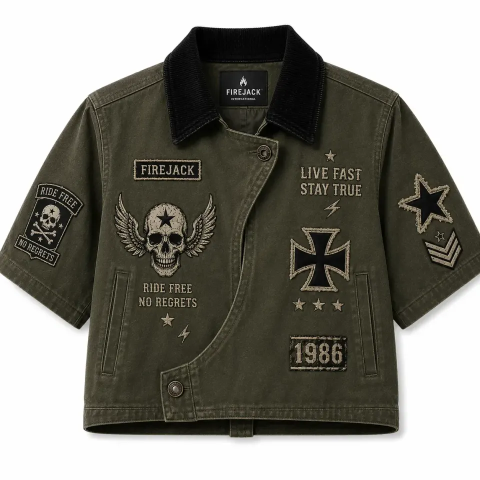 Casual Motorcycle Jacket | Custom Olive Winged Skull