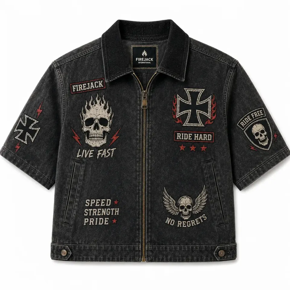 Custom Bike Jacket | Black Acid-Wash Winged Skull
