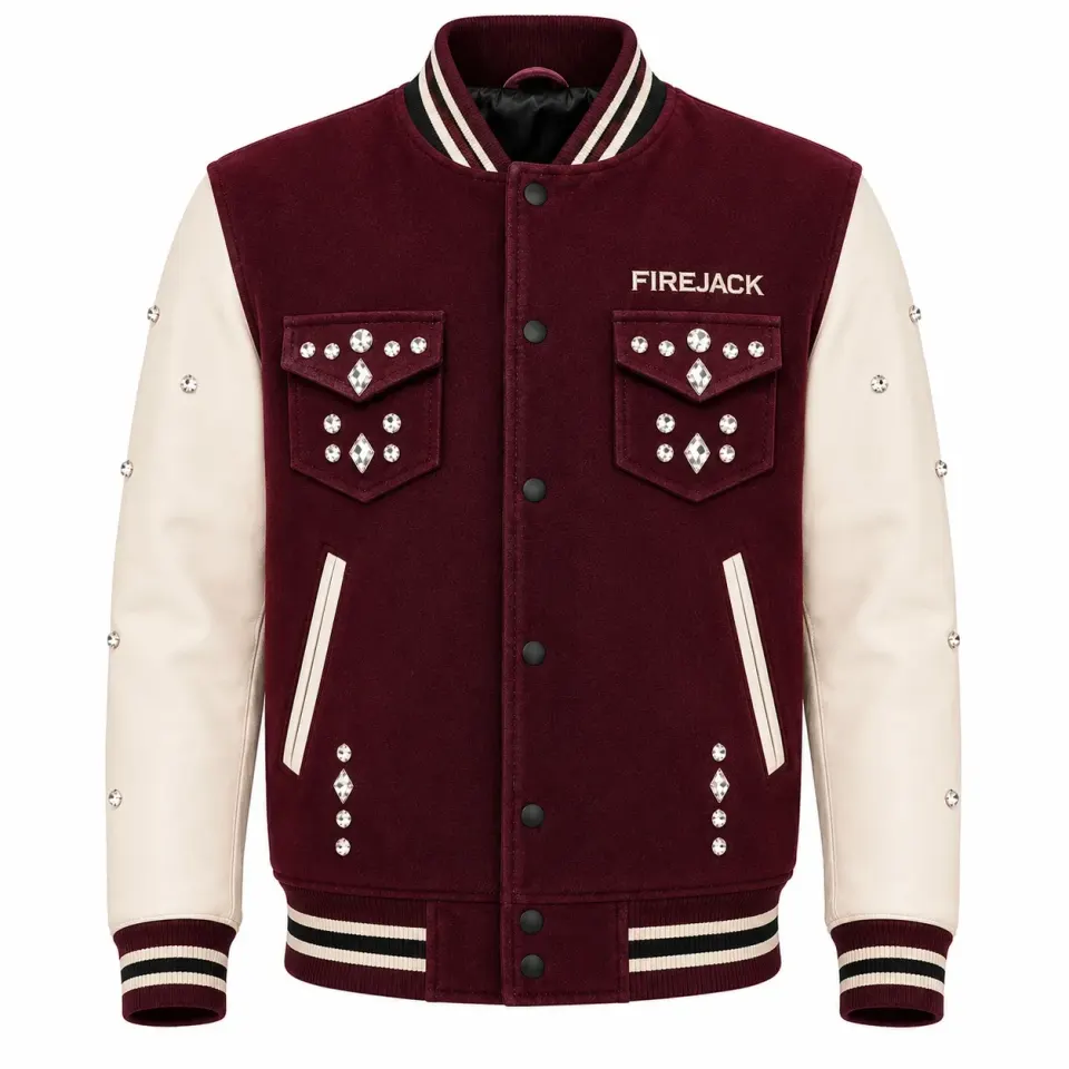 Burgundy Studded Leather Sleeve Varsity Jacket | Firejack