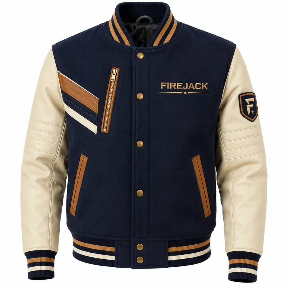 Blue White Varsity Jacket | Navy & Cream Design | Firejack