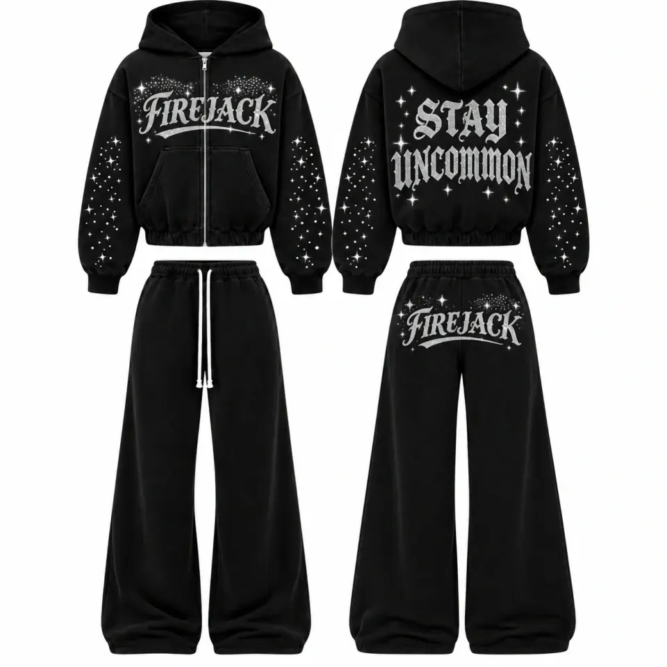 Black Rhinestone Sweatsuit | Zip Hoodie & Wide-Leg Pants