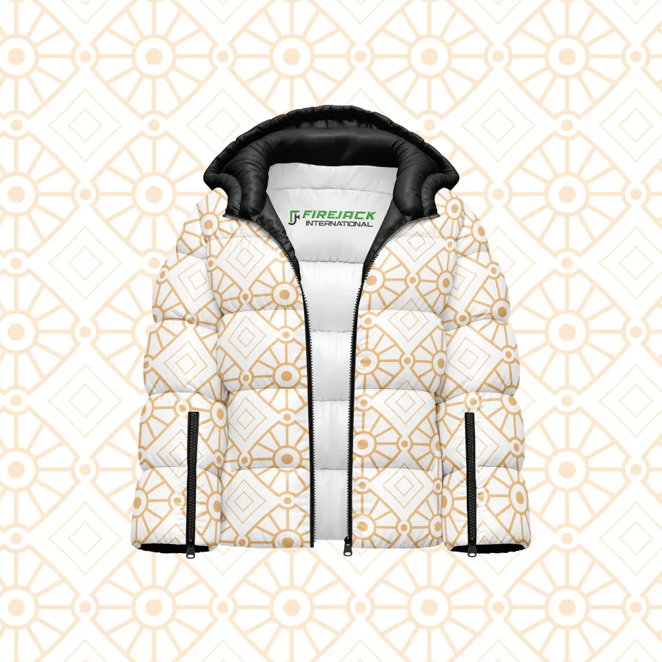 Custom Puffer Jacket | White Gold Geometric Print