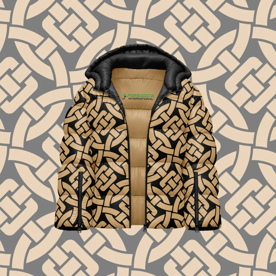 Tan Puffer Jacket | Black Geometric Custom Print