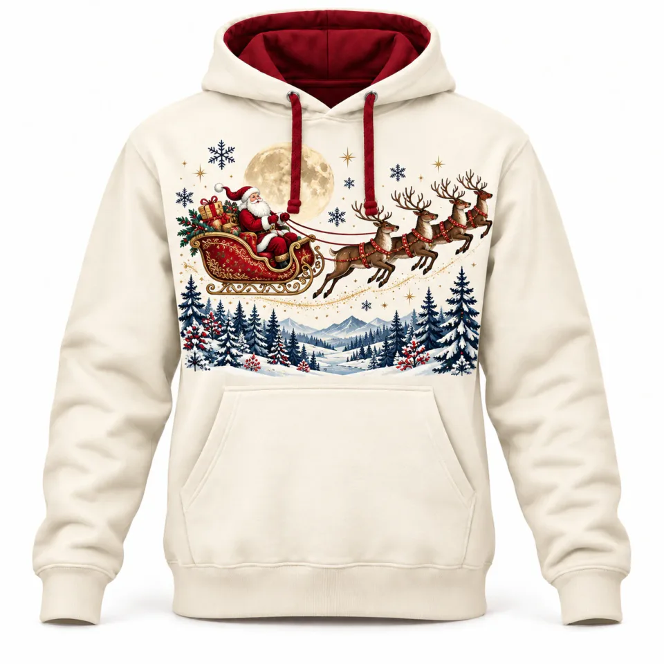Custom Christmas Hoodie | Ivory Santa Sleigh Print