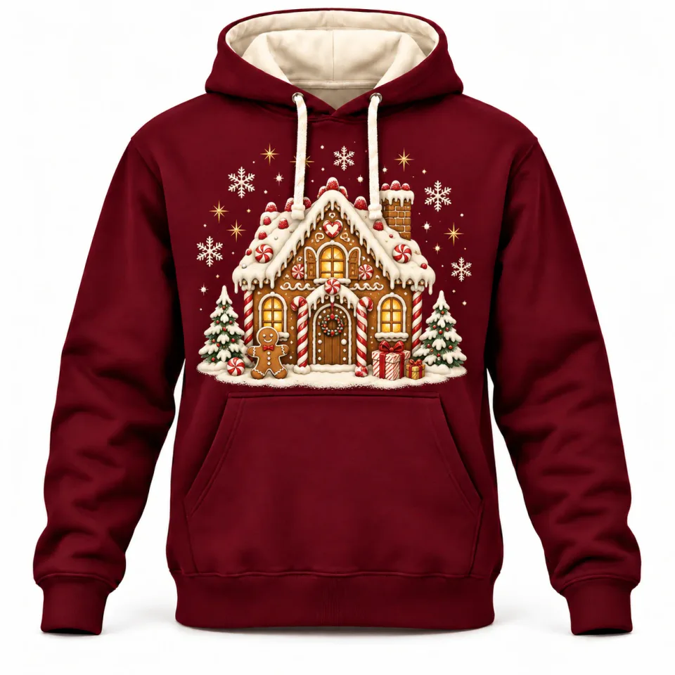 Christmas Hoodies | Burgundy Gingerbread House Christmas Print