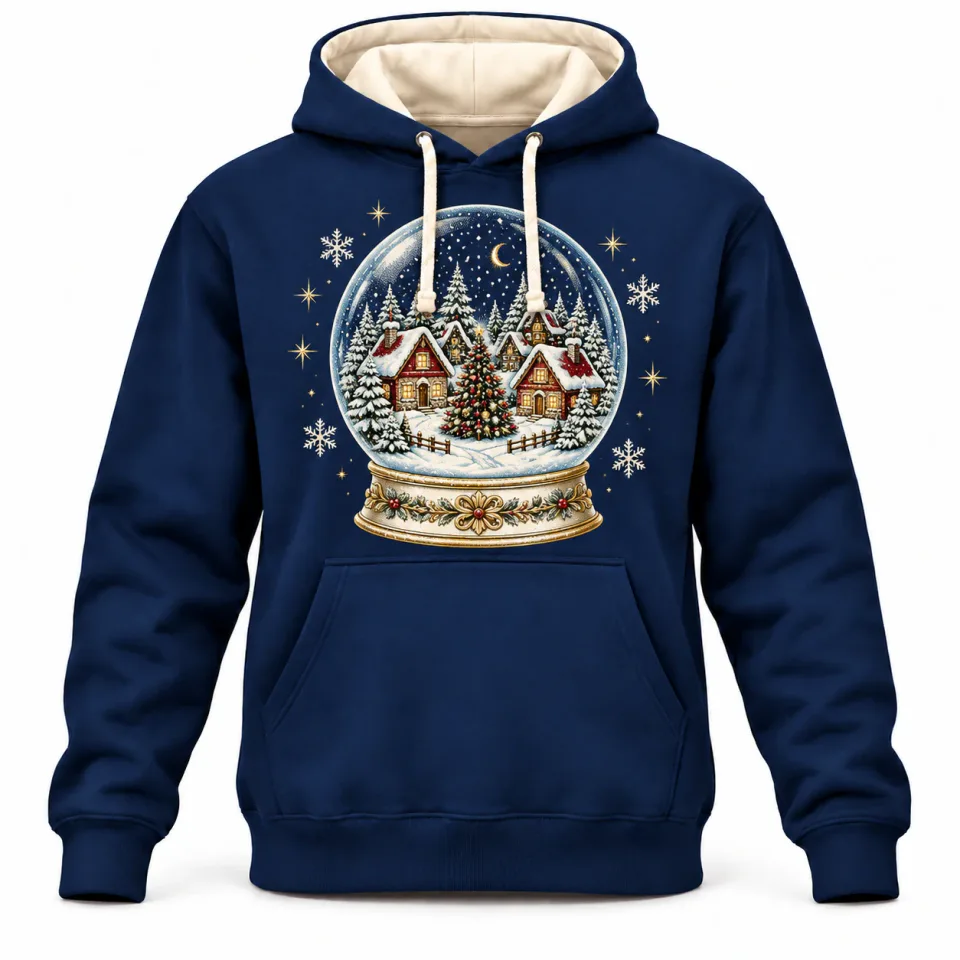 Custom Pullover Hoodies | Navy Snow Globe Christmas Print