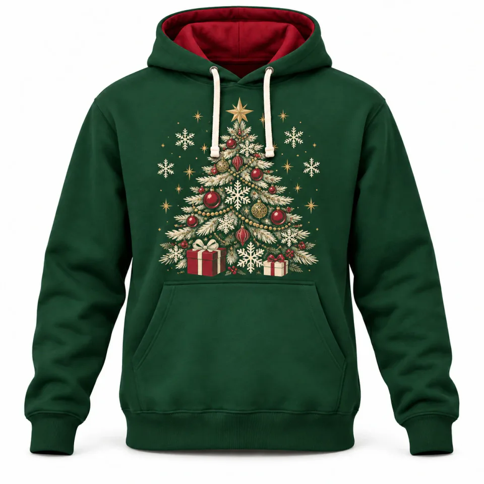 Custom Design Hoodie | Forest Green Christmas Tree Print