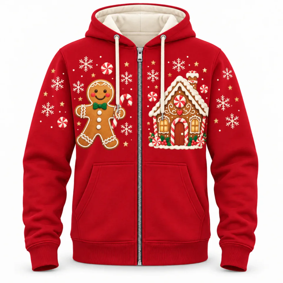 Custom Cute Zip Up Hoodies | Red Gingerbread Christmas Print