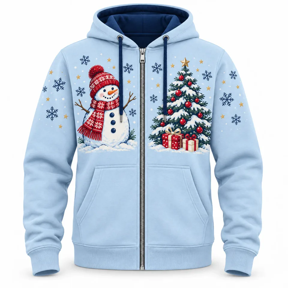 Custom Zip Up Hooded Sweatshirt | Blue Snowman & Tree Print