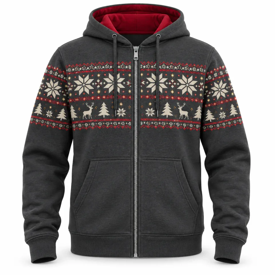 Custom Zippered Hoodies | Charcoal Fair Isle Christmas Print