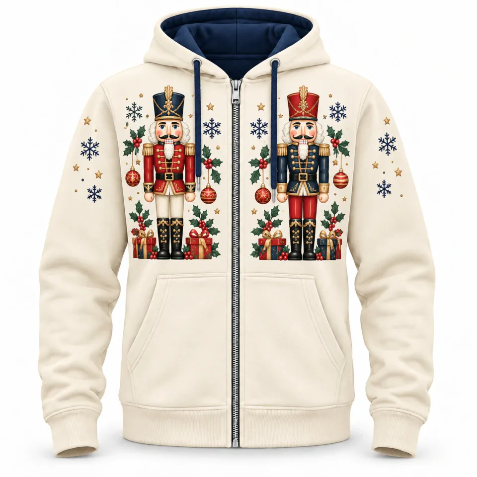 Custom Full Zip Graphic Hoodie | Ivory Nutcracker Print