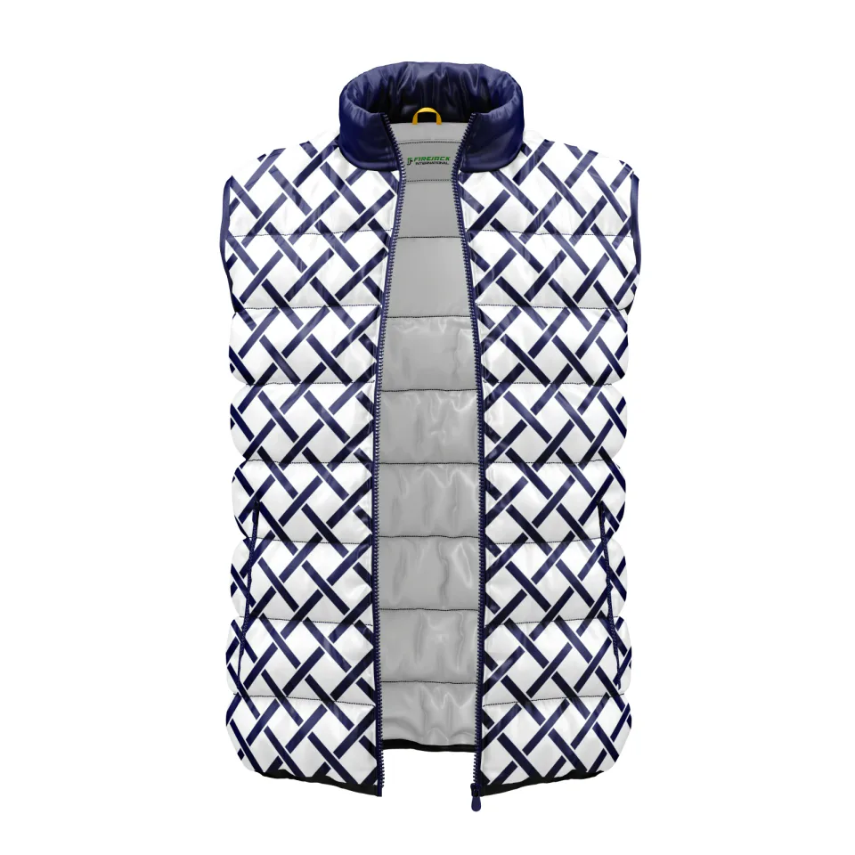 Custom Puffy Vest | White & Navy Diagonal Print