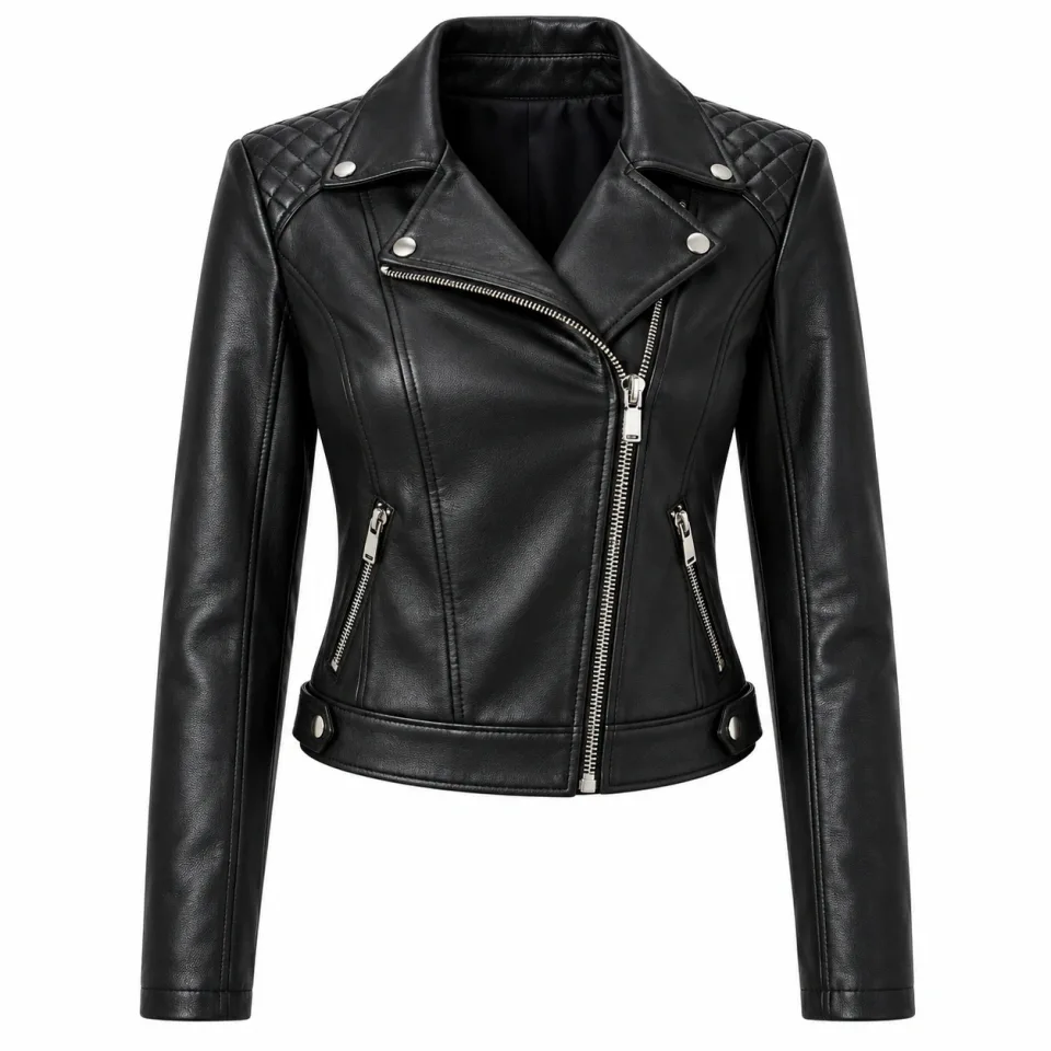 Custom Black Biker Jacket | Quilted Shoulders for Women