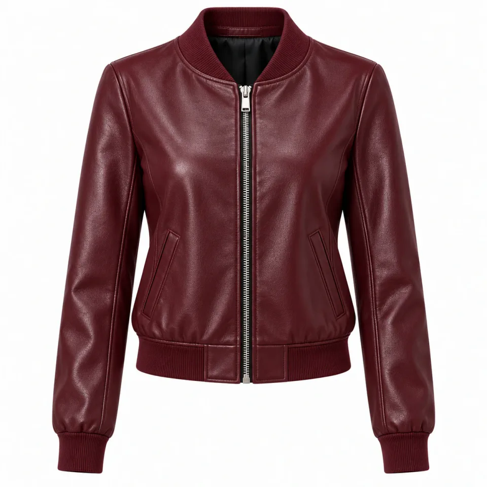 Custom Women's Leather Bomber Jacket | Burgundy