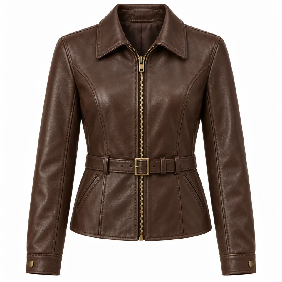 Custom Chocolate Brown Belted Leather Jacket for Women