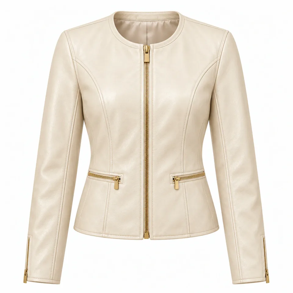 Custom Ivory Leather Jacket | Women's Collarless Style