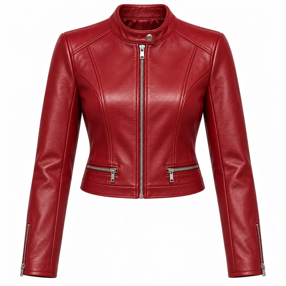 Custom Cropped Red Leather Jacket for Women