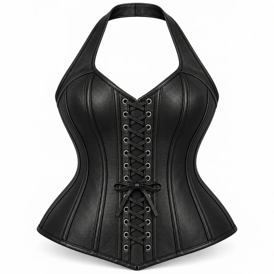 Custom Lace Up Leather Corset | Black Halter Neck