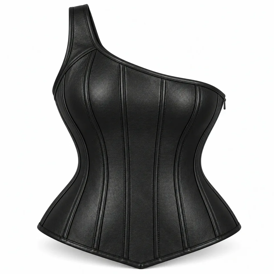 Custom Corset Top | Black Leather One-Shoulder Design