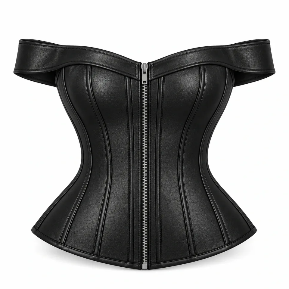 Custom Leather Corset Top | Black Off-Shoulder Zip