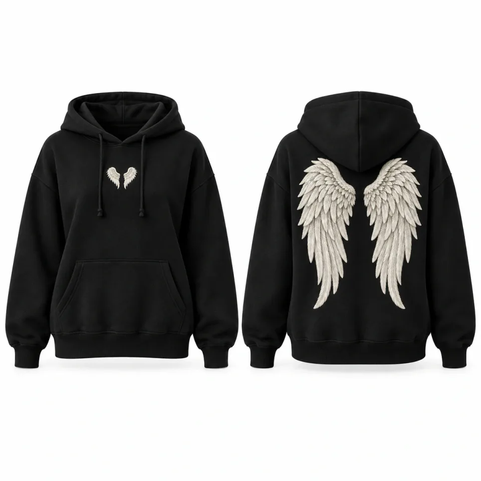 Black Hoodie with Angel Wings | Custom Women's Pullover