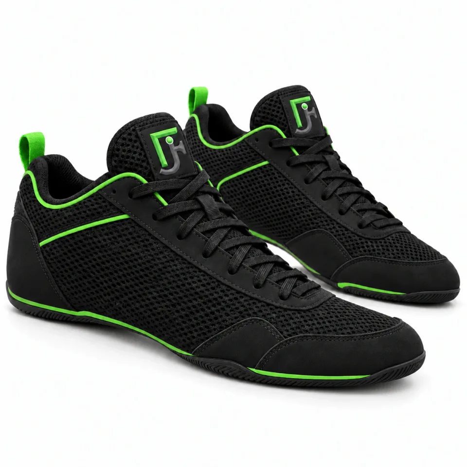 Custom Black Boxing Shoes | Low Top Green Trim