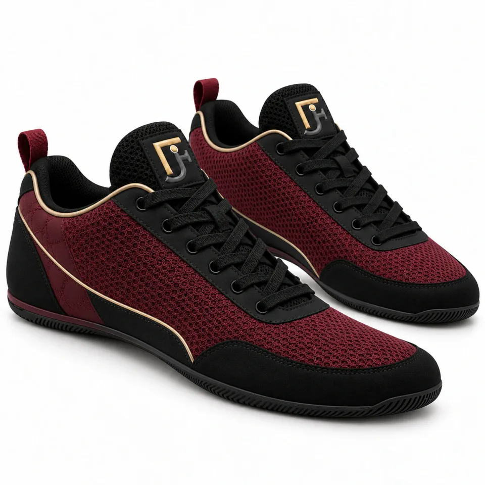Custom Boxing Shoes | Burgundy Black & Gold Low Top